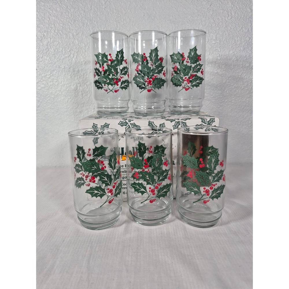 Vintage Indiana Glass Holly Berry Christmas Cooler Glasses Set of 6 16oz USA